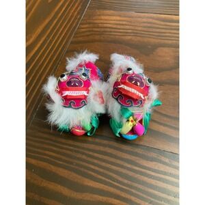 Lot of 2 Vintage Chinese Lion Dance Bobble Head Figure Feather Ribbon 3 inches